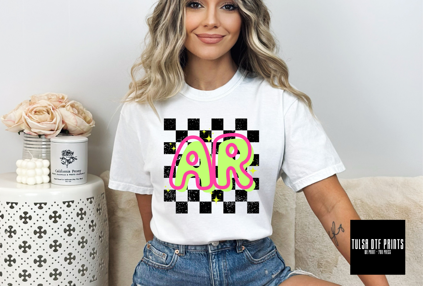 DTF ARKANSAS NEON CHECKERED STATE TRANSFER