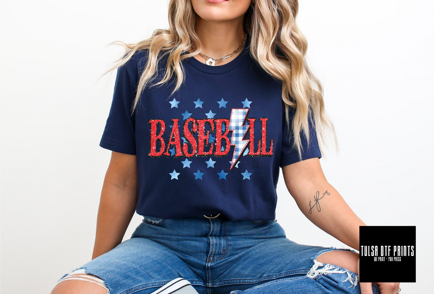 DTF BASEBALL GLITTER - FOIL STARS GINGHAM STITCHED BOLT TRANSFER