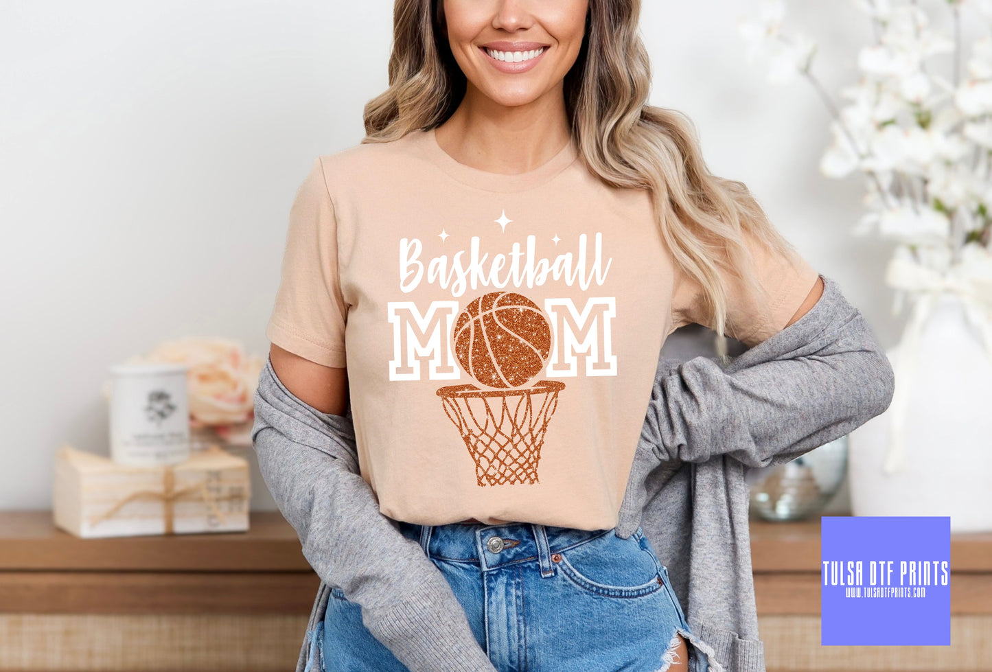 DTF BASKETBALL MOM FAUX ORANGE GLITTER TRANSFER