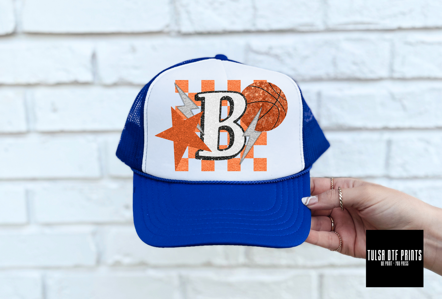 DTF B BASKETBALL GLITTER CHECKERED STAR AND BOLT TRANSFER