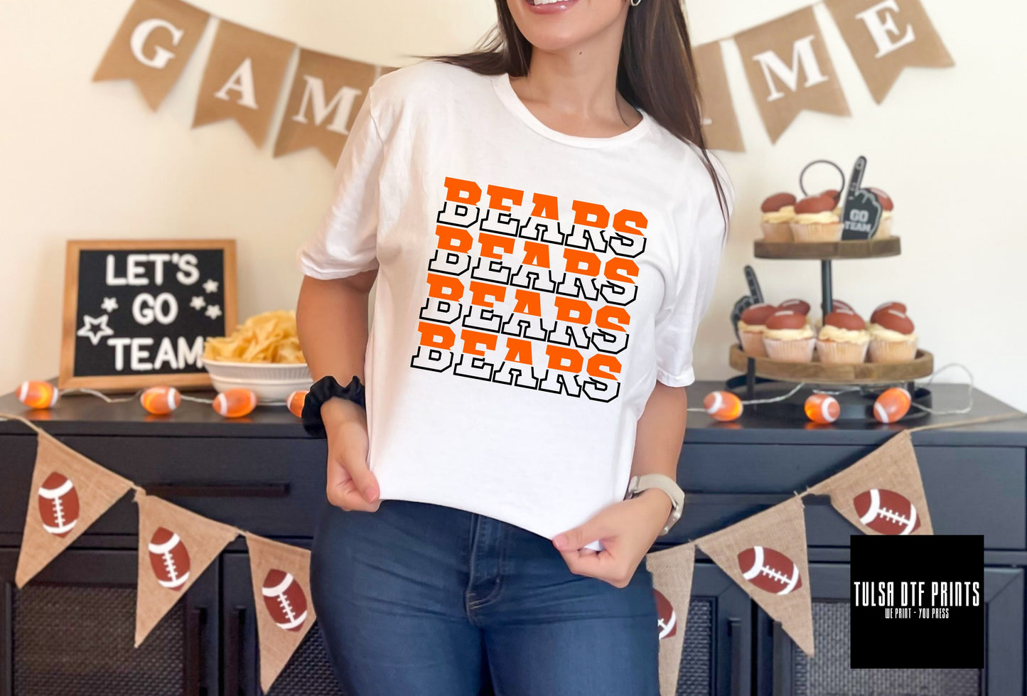 DTF BEARS ORANGE/BLACK SPLIT FONT GAME DAY TRANSFER