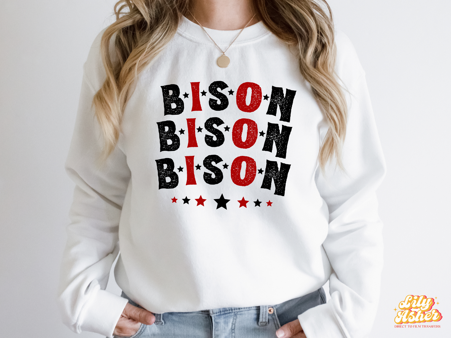 DTF BISON RED-BLACK STACKED TEXT W/ STARS TRANSFER