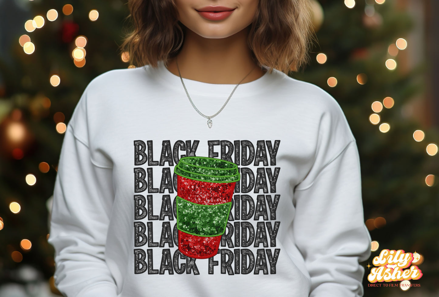 DTF BLACK FRIDAY CHRISTMAS COFFEE FAUX SEQUIN TRANSFER
