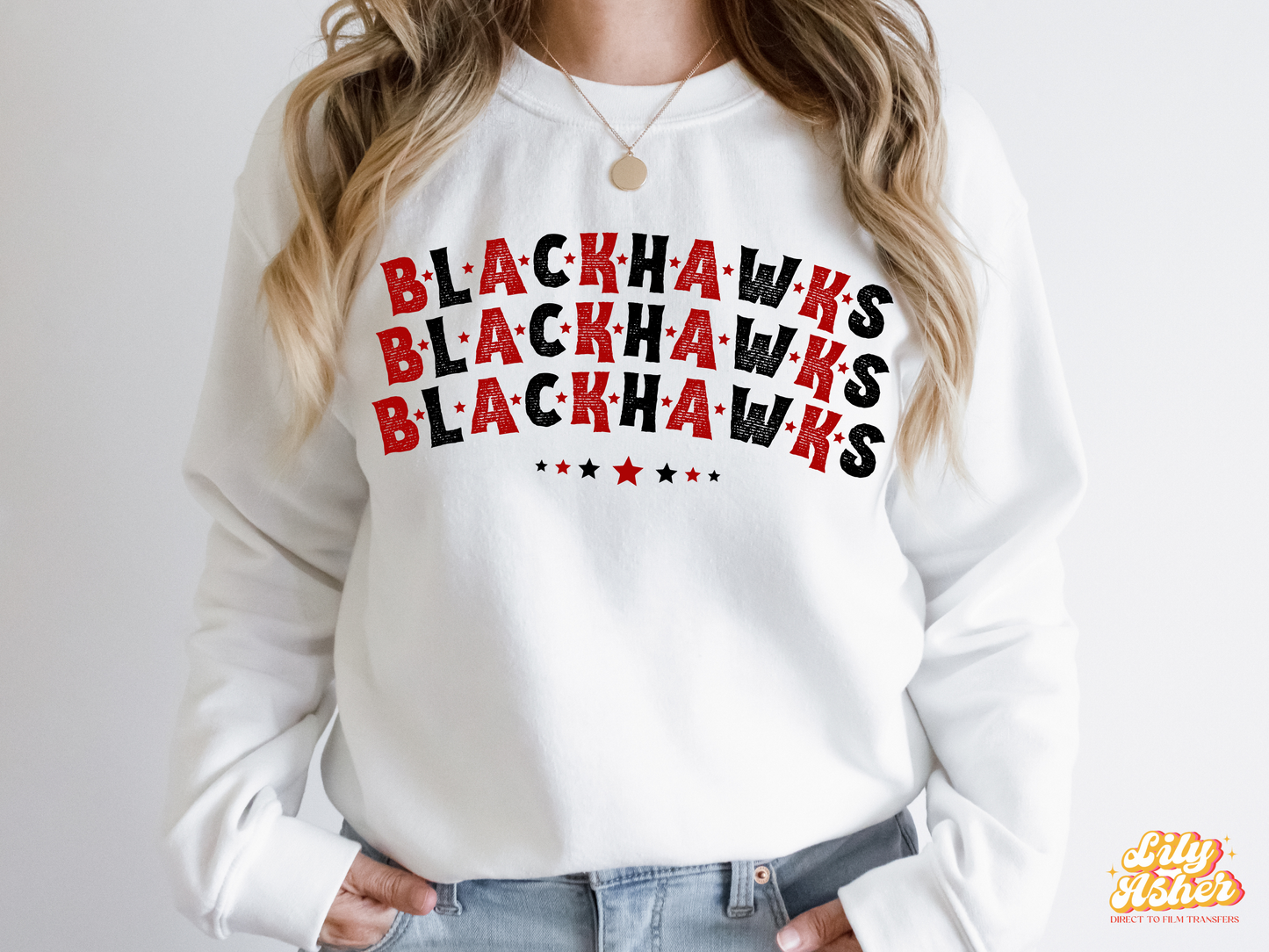 DTF BLACKHAWKS RED-BLACK STACKED TEXT W/ STARS TRANSFER