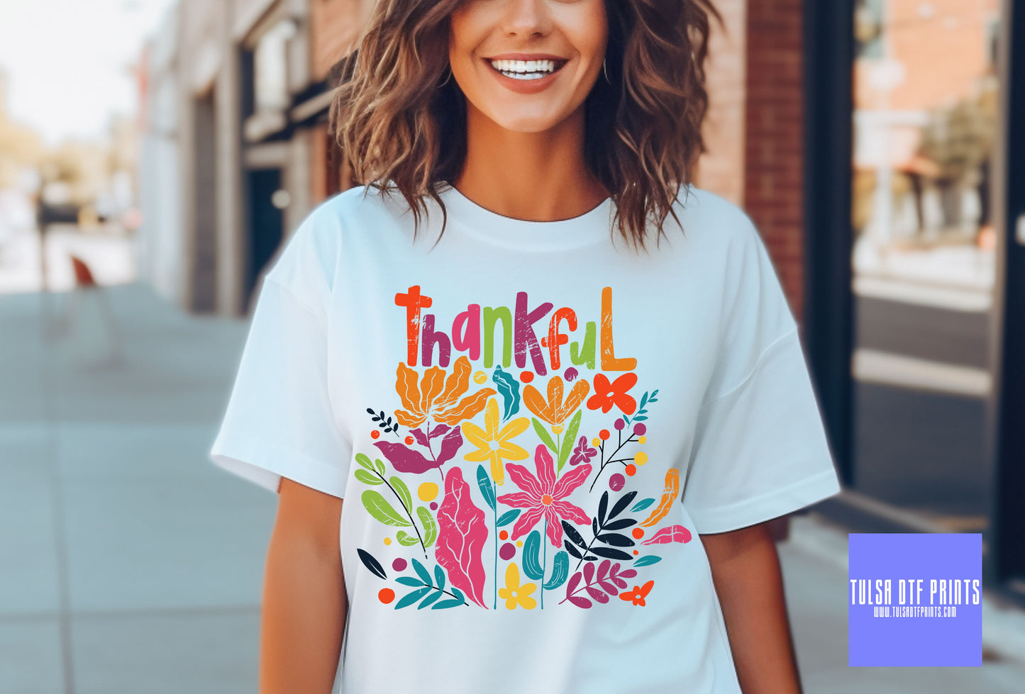 DTF BRIGHT FLORAL THANKFUL TRANSFER