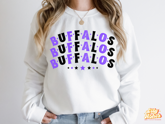 DTF BUFFALOS PURPLE-BLACK STACKED TEXT W/ STARS TRANSFER