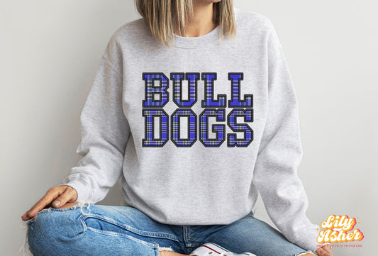 DTF BULLDOGS BLUE EMBROIDED CHECKERED PATTERN GAME DAY DESIGN TRANSFER