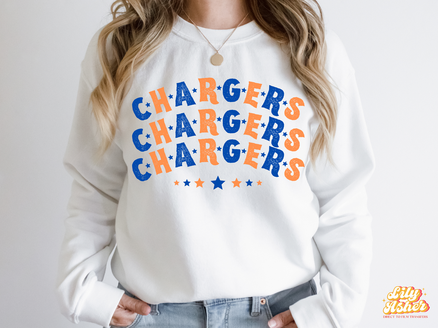 DTF CHARGERS NAVY BLUE-ORANGE STACKED TEXT W/ STARS TRANSFER