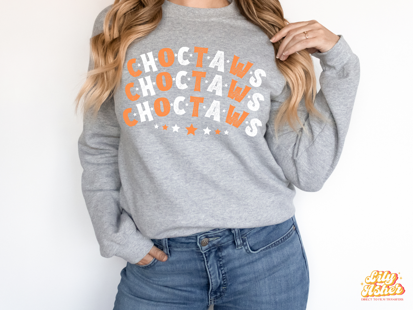 DTF CHOCTAWS ORANGE-WHITE STACKED TEXT W/ STARS TRANSFER