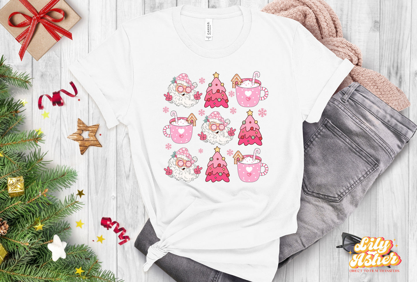 DTF CHRISTMAS DOODLE IN PINK TRANSFER