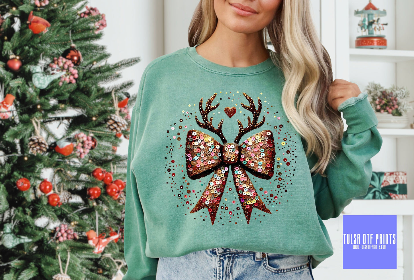 DTF CHRISTMAS REINDEER SEQUIN BOW TRANSFER