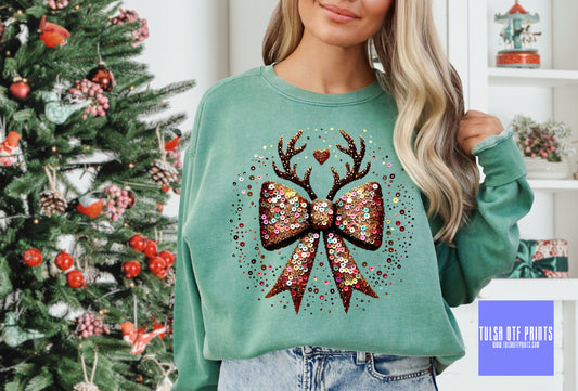 DTF CHRISTMAS REINDEER SEQUIN BOW TRANSFER