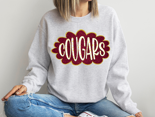 DTF COUGARS MAROON/YELLOW GOLD GLITTER CLOUD GAME DAY TRANSFER