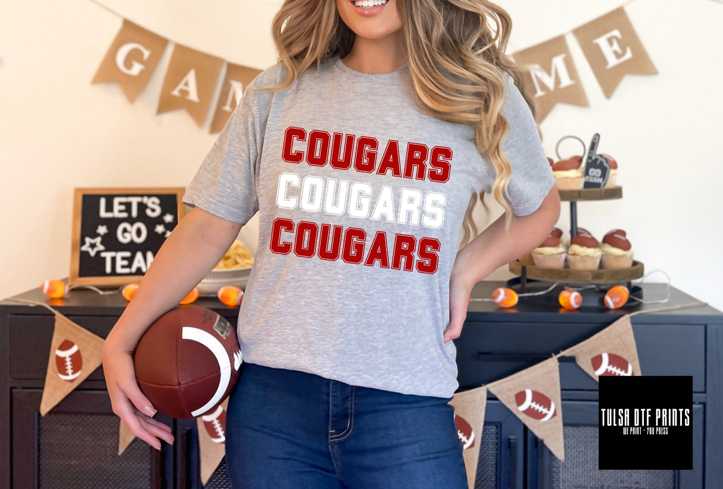 DTF COUGARS RED/WHITE RETRO STACKED TEXT GAME DAY TRANSFER