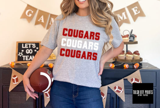 DTF COUGARS RED/WHITE RETRO STACKED TEXT GAME DAY TRANSFER