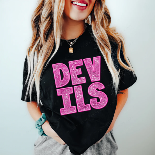 DTF DEVILS EMBROIDERY & SEQUIN IN PINK TRANSFER