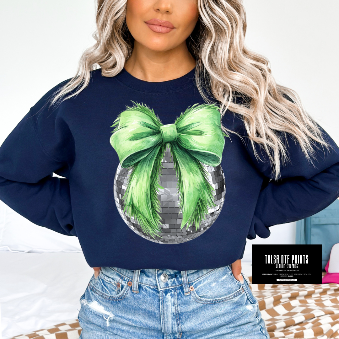 DTF DISCO BALL WITH GREEN FUZZY BOW TRANSFER
