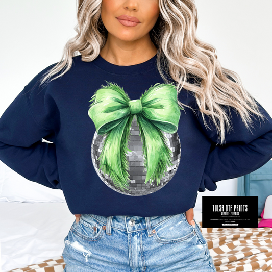 DTF DISCO BALL WITH GREEN FUZZY BOW TRANSFER