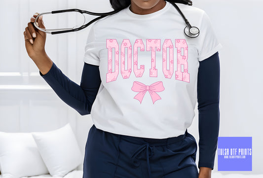 DTF DOCTOR PINK FLORAL VARSITY BOW TRANSFER