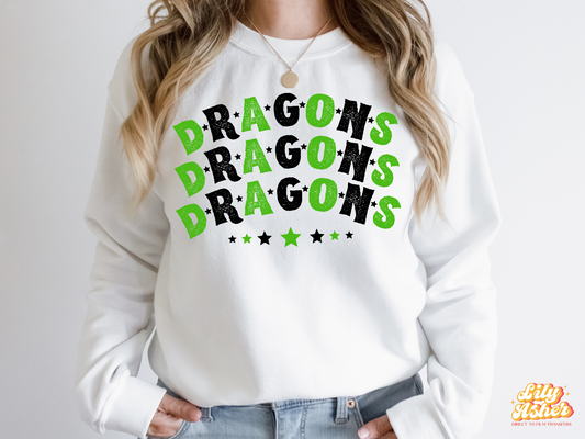 DTF DRAGONS GREEN/BLACK STACKED TEXT W/ STARS TRANSFER