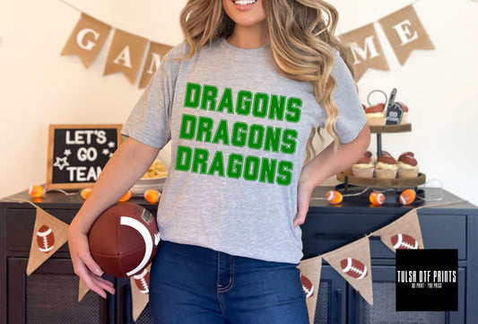 DTF DRAGONS GREEN RETRO STACKED TEXT GAME DAY TRANSFER