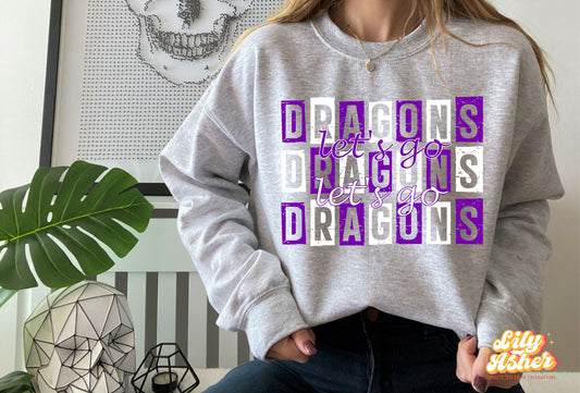 DTF LET'S GO DRAGONS PURPLE/WHITE GAME DAY STACKED TRANSFER