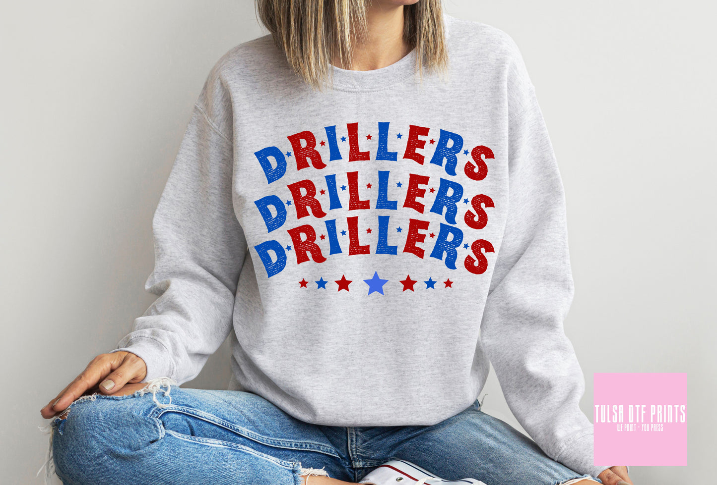 DTF DRILLERS RED/BLUE STACKED TEXT W/ STARS TRANSFER