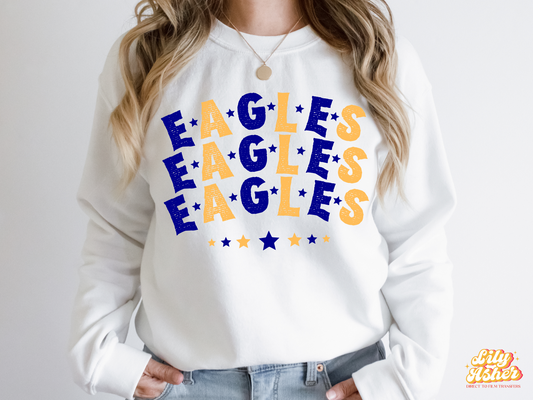 DTF EAGLES BLUE/YELLOW GOLD STACKED TEXT W/ STARS TRANSFER