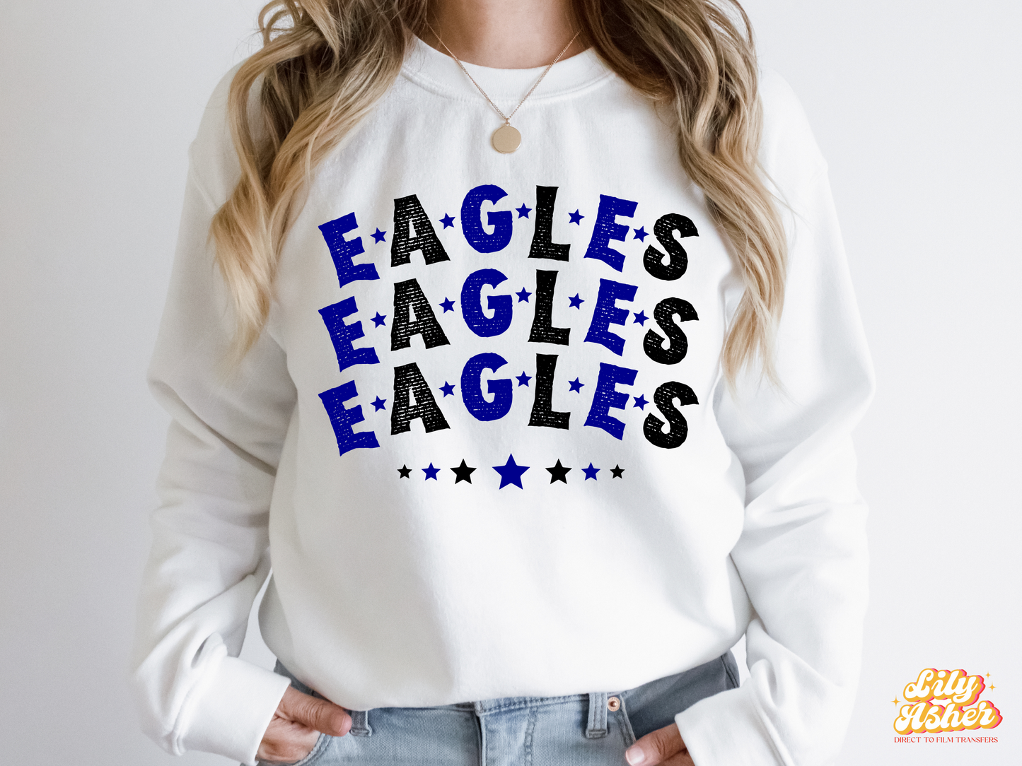 DTF EAGLES NAVY BLUE-BLACK STACKED TEXT W/ STARS TRANSFER