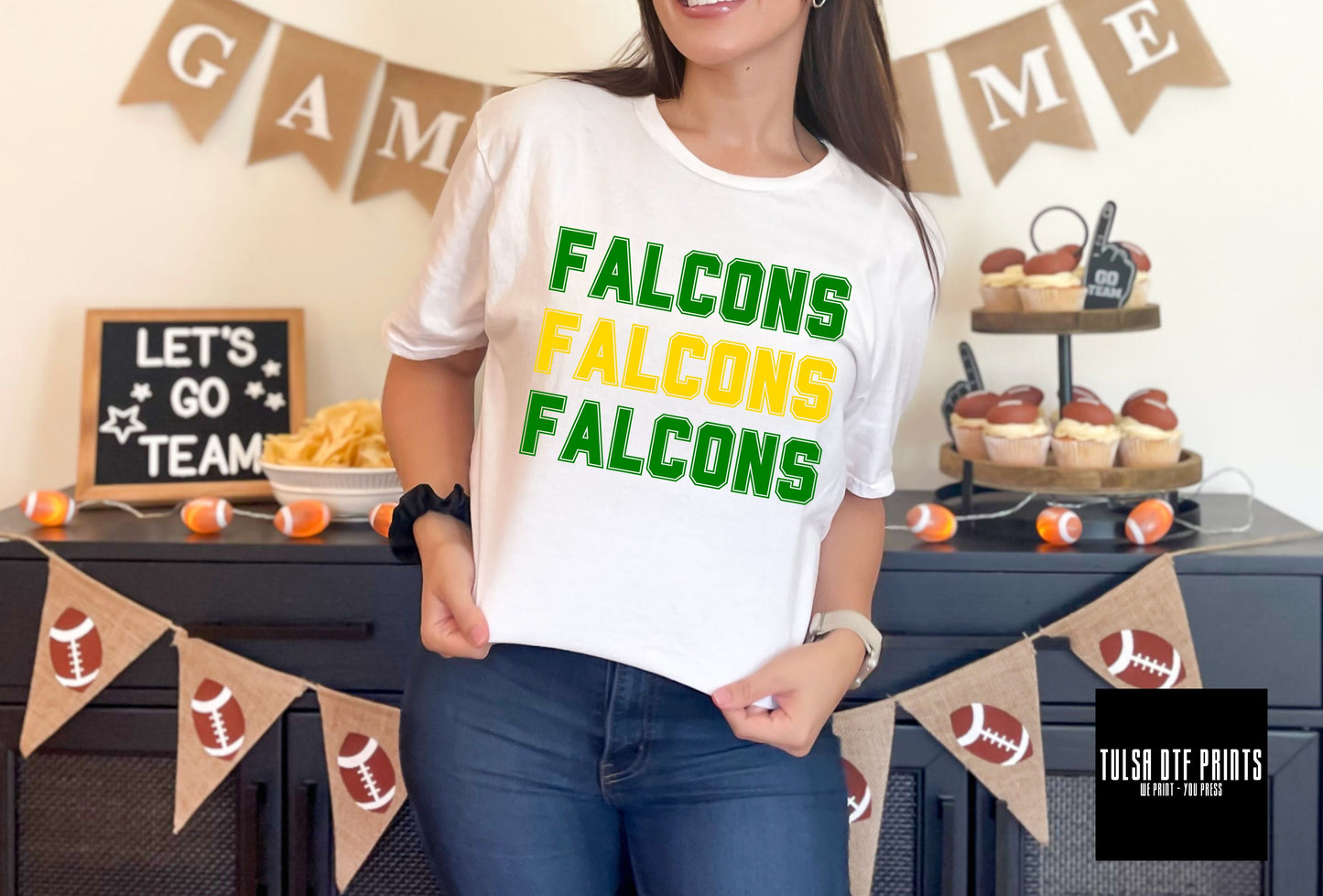 DTF FALCONS GREEN/YELLOW GOLD RETRO STACKED TEXT GAME DAY TRANSFER