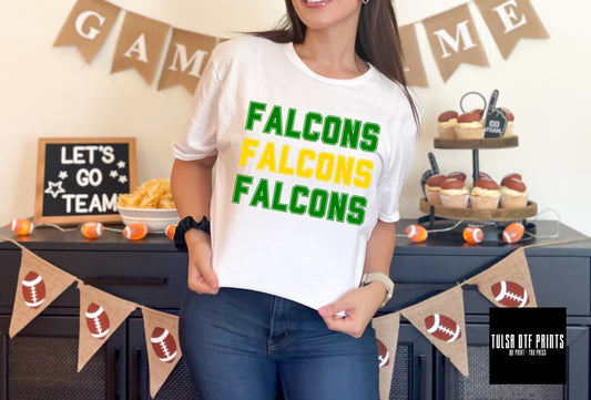 DTF FALCONS GREEN/YELLOW GOLD RETRO STACKED TEXT GAME DAY TRANSFER