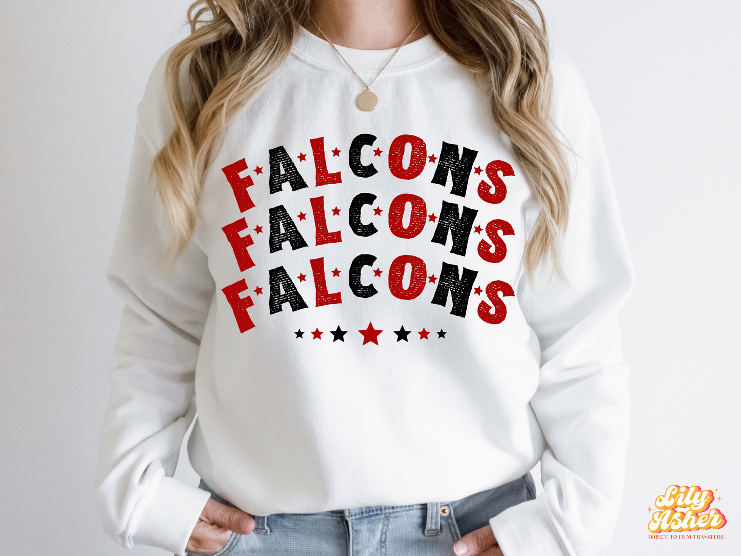 DTF FALCONS RED-BLACK STACKED TEXT W/ STARS TRANSFER