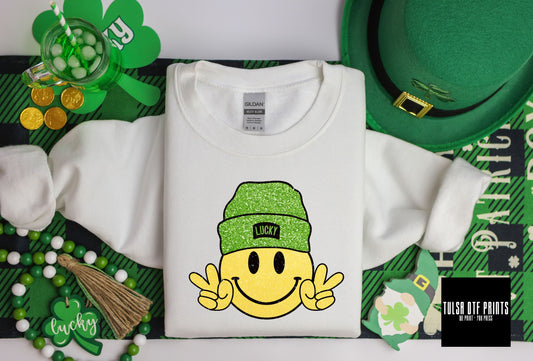 DTF LUCKY SMILE FAUX GLITTER BEANIE TRANSFER