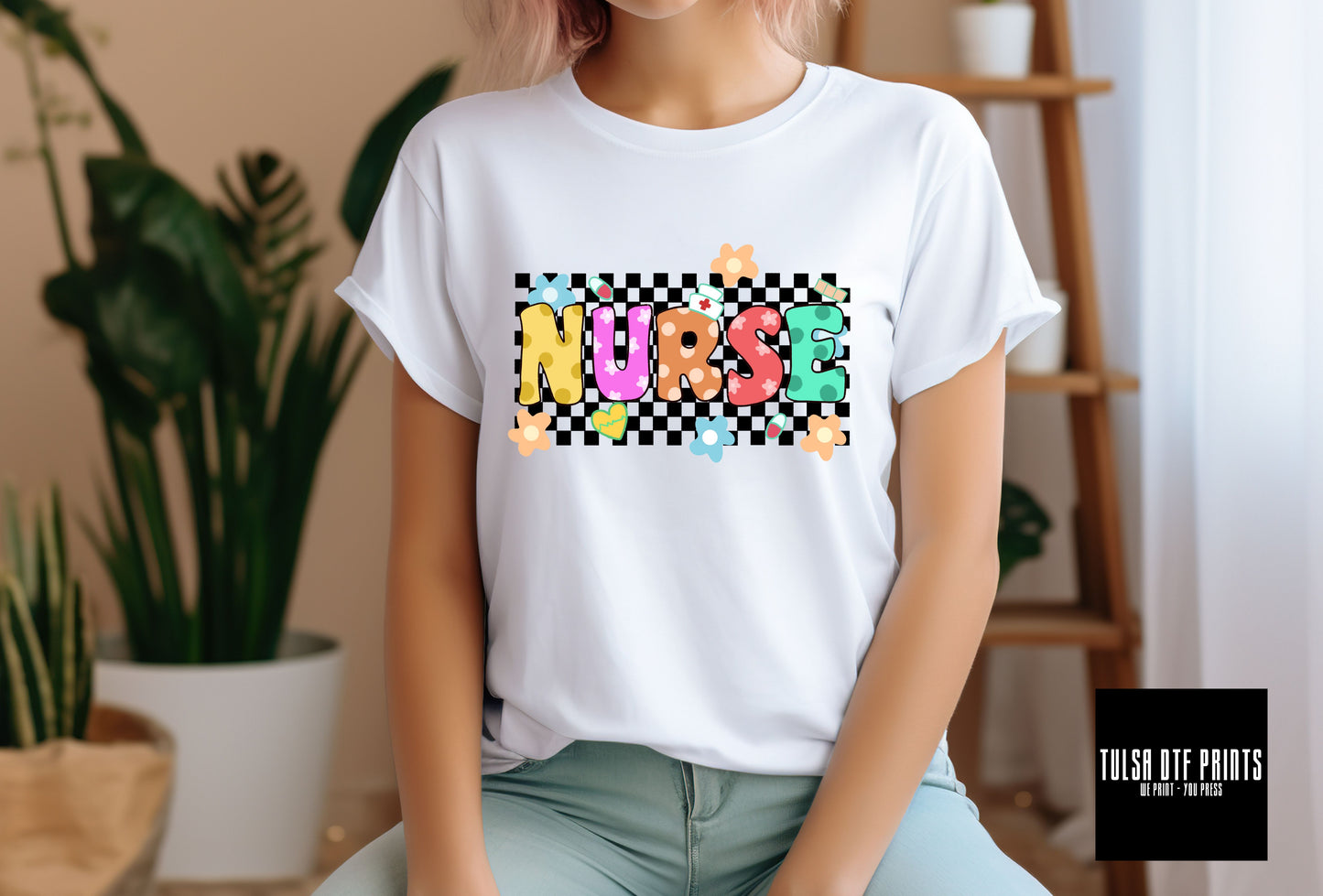 DTF FLOWER NURSE CHECKERED TRANSFER