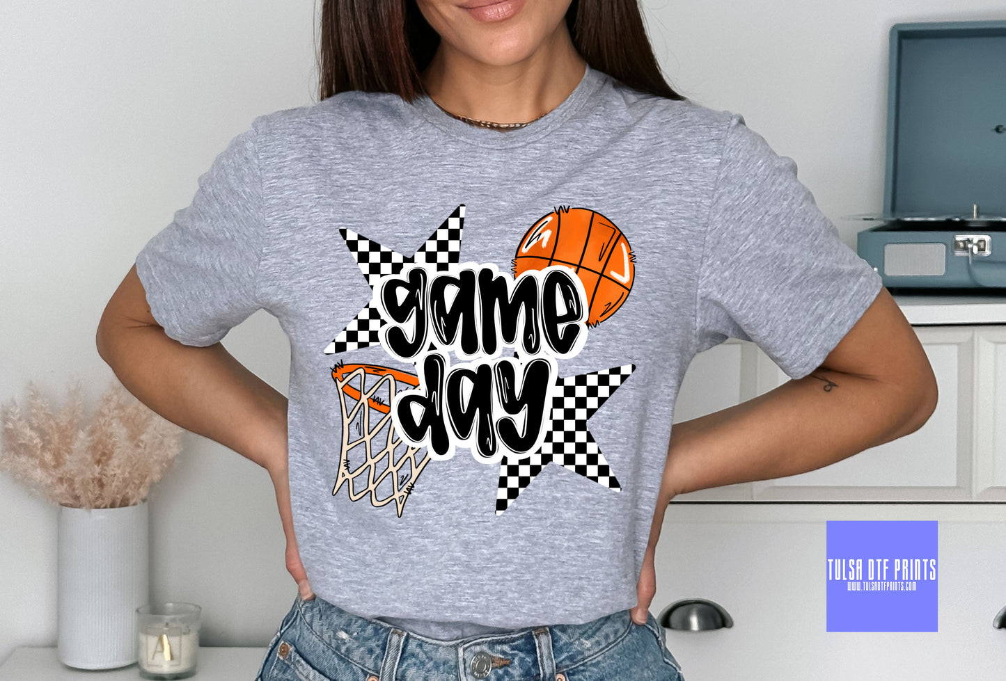 DTF GAME DAY BASKETBALL CHECKERED STARS TRANSFER