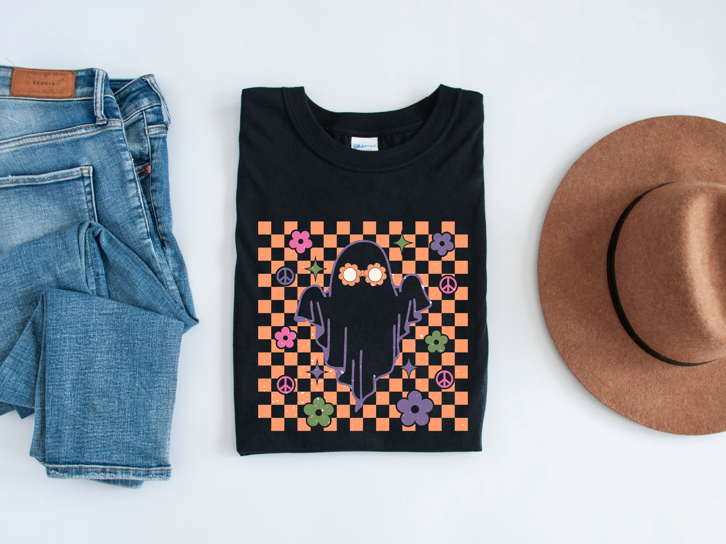 DTF GHOST ORANGE CHECKERED HALLOWEEN PRINT TRANSFER