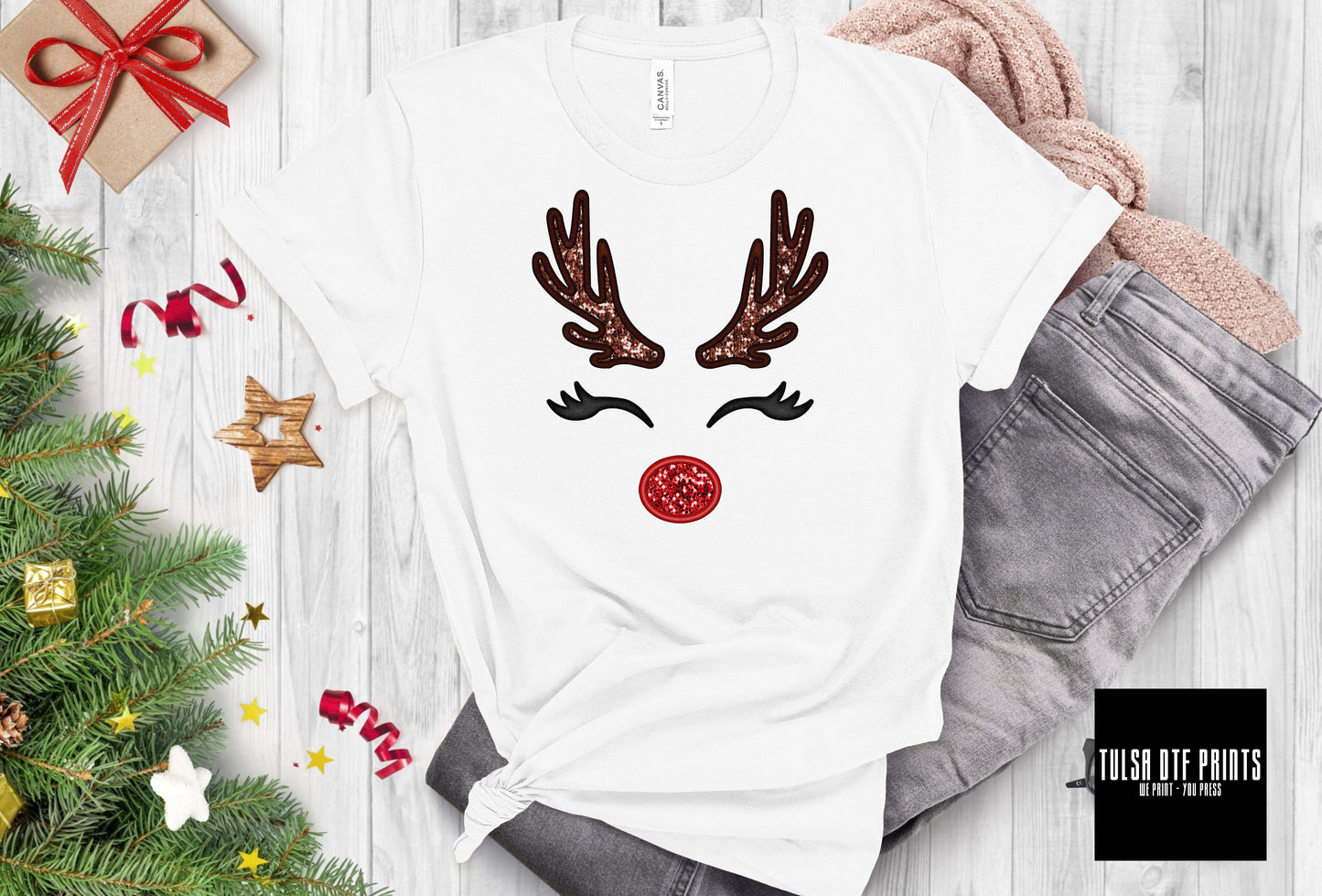 DTF GIRL REINDEER FAUX EMBROIDERY SEQUIN TRANSFER