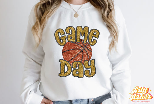 DTF GOLD FAUX EMBROIDERY SEQUIN BASKETBALL TRANSFER