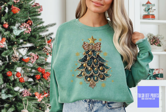 DTF GREEN AND GOLD GLITTER CHRISTMAS TREE TRANSFER