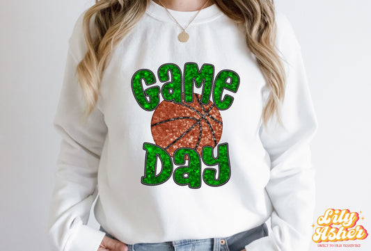 DTF GREEN FAUX EMBROIDERY SEQUIN BASKETBALL TRANSFER