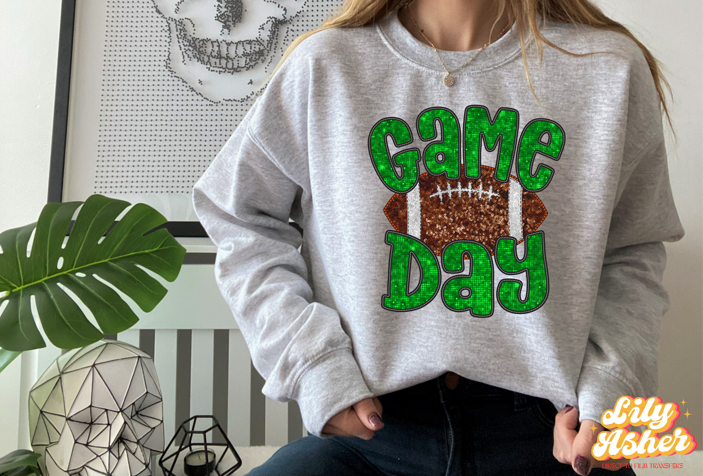 DTF GREEN FAUX EMBROIDERY SEQUIN FOOTBALL TRANSFER