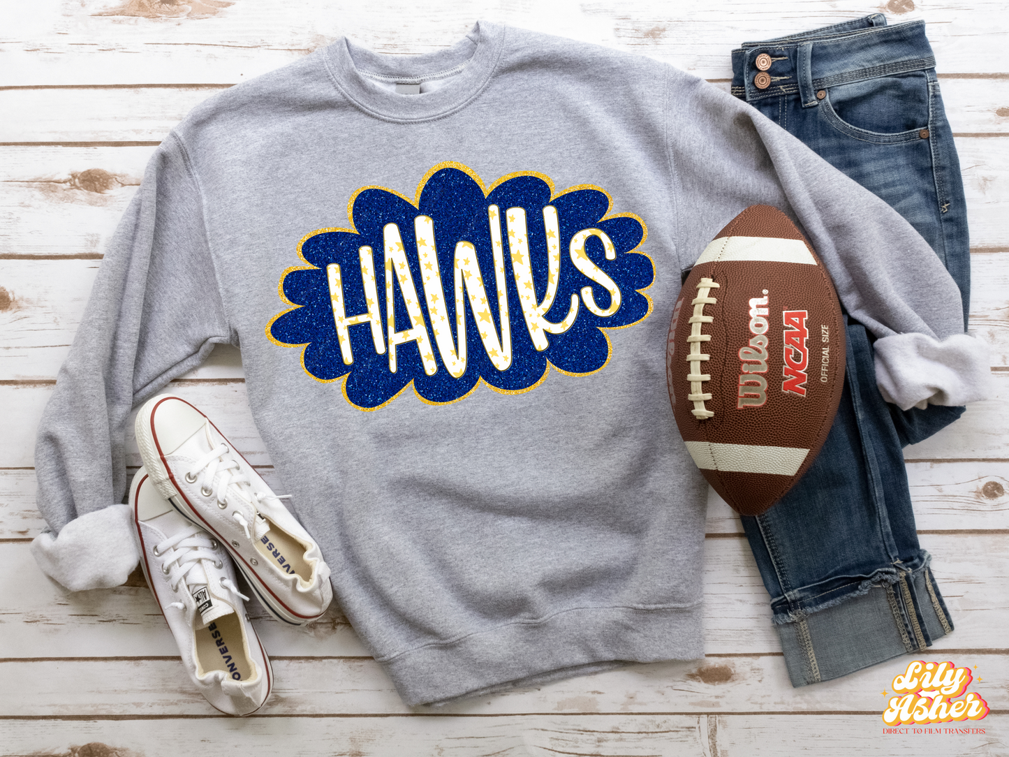 DTF HAWKS BLUE/YELLOW GOLD GLITTER CLOUD GAME DAY TRANSFER