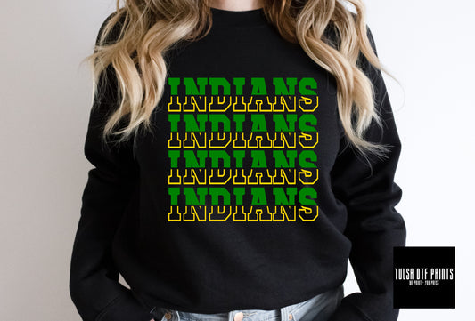 DTF INDIANS GREEN/YELLOW SPLIT FONT GAME DAY TRANSFER