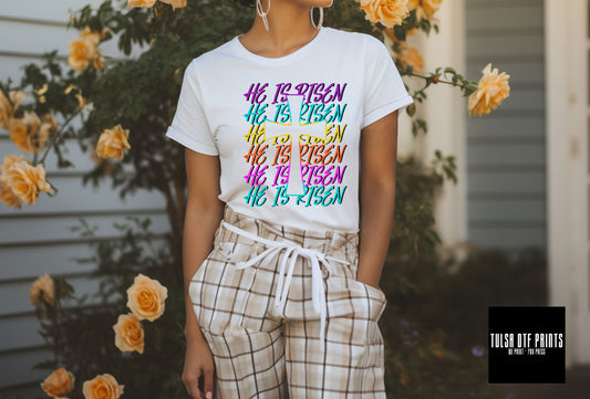 DTF HE IS RISEN STACKED TEXT MULTICOLOR TRANSFER