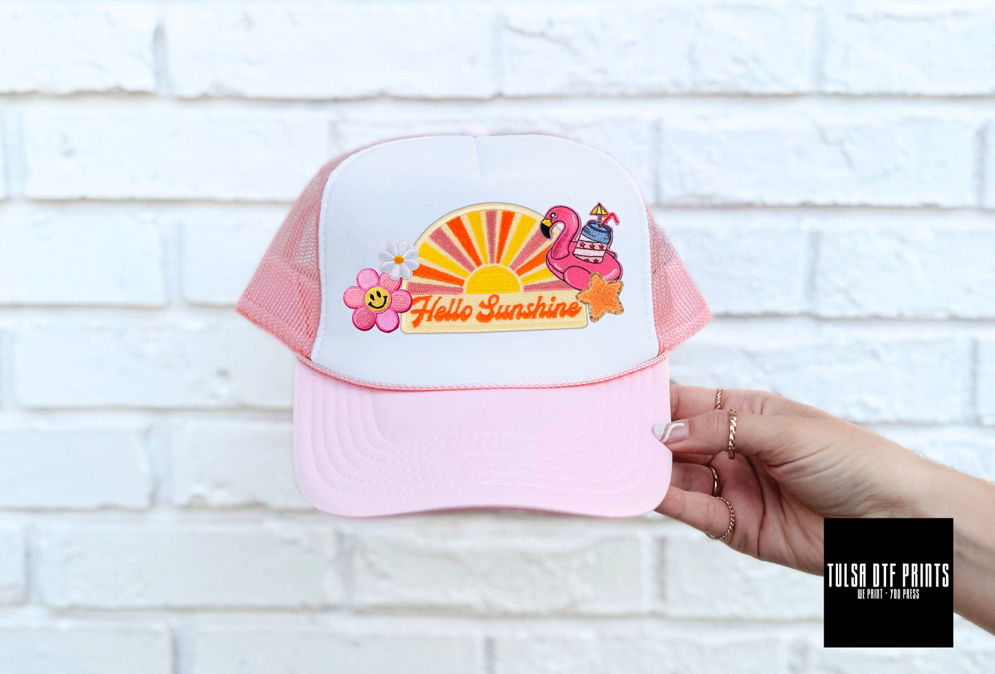 DTF HELLO SUNSHINE RETRO FAUX HAT PATCH TRANSFER