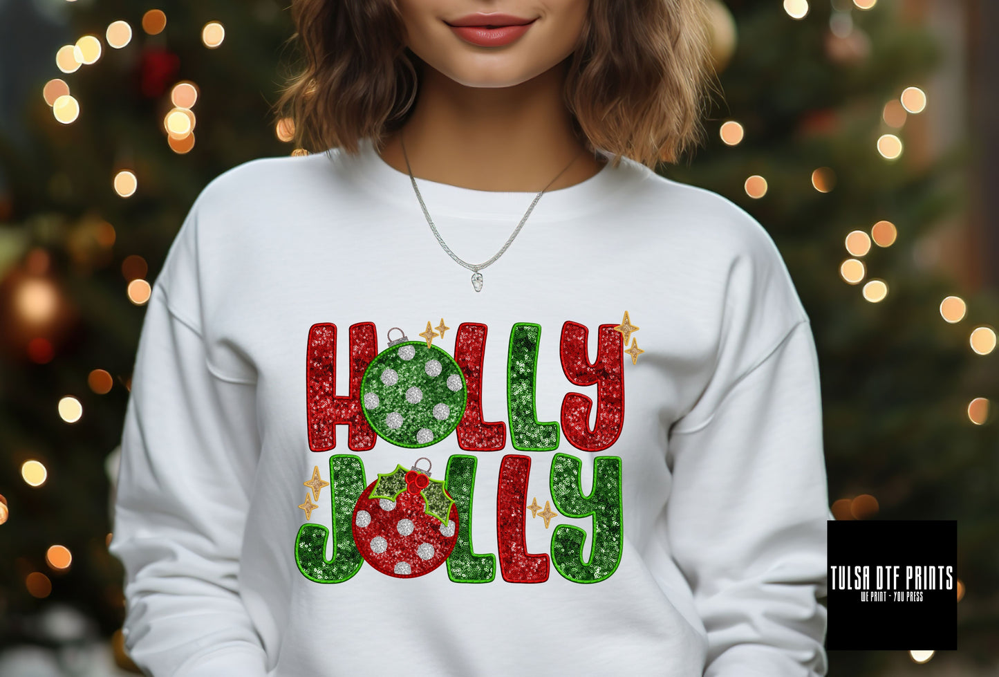 DTF HOLLY JOLLY CHRISTMAS FAUX EMBROIDERY SEQUIN TRANSFER