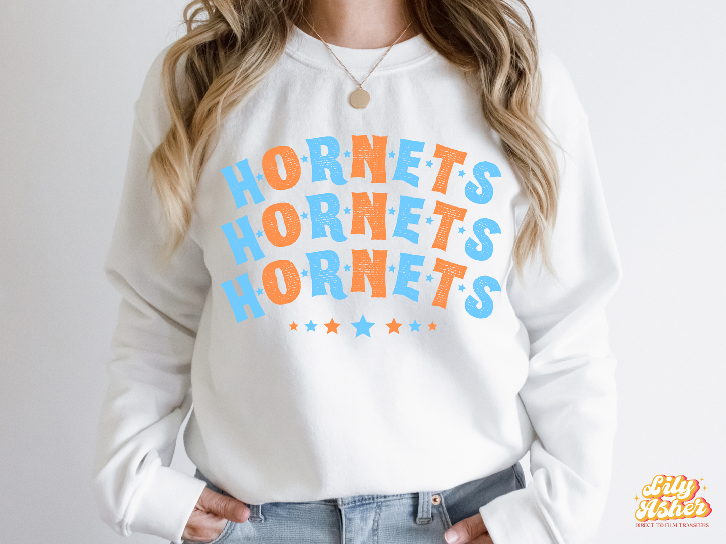 DTF HORNETS COLUMBIA BLUE-ORANGE STACKED TEXT W/ STARS TRANSFER