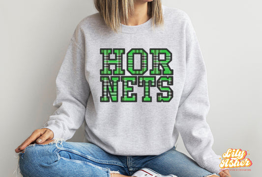 DTF HORNETS GREEN EMBROIDED CHECKERED PATTERN GAME DAY DESIGN TRANSFER