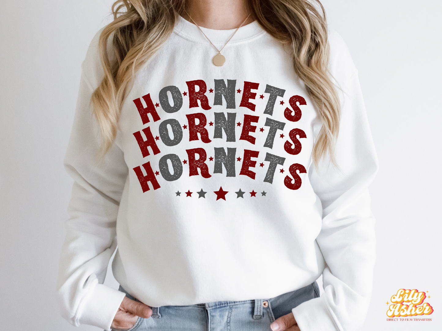 DTF HORNETS MAROON-GRAY STACKED TEXT W/ STARS TRANSFER