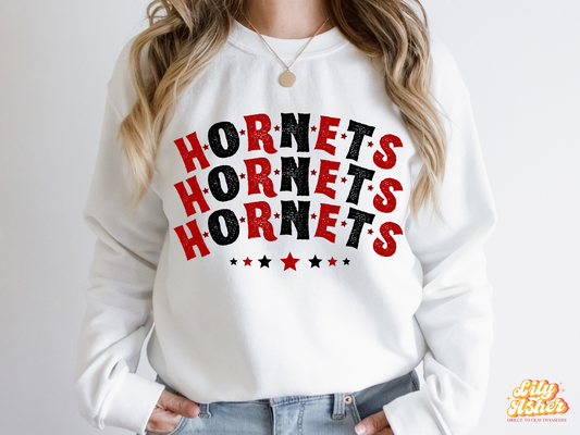 DTF HORNETS RED-BLACK STACKED TEXT W/ STARS TRANSFER